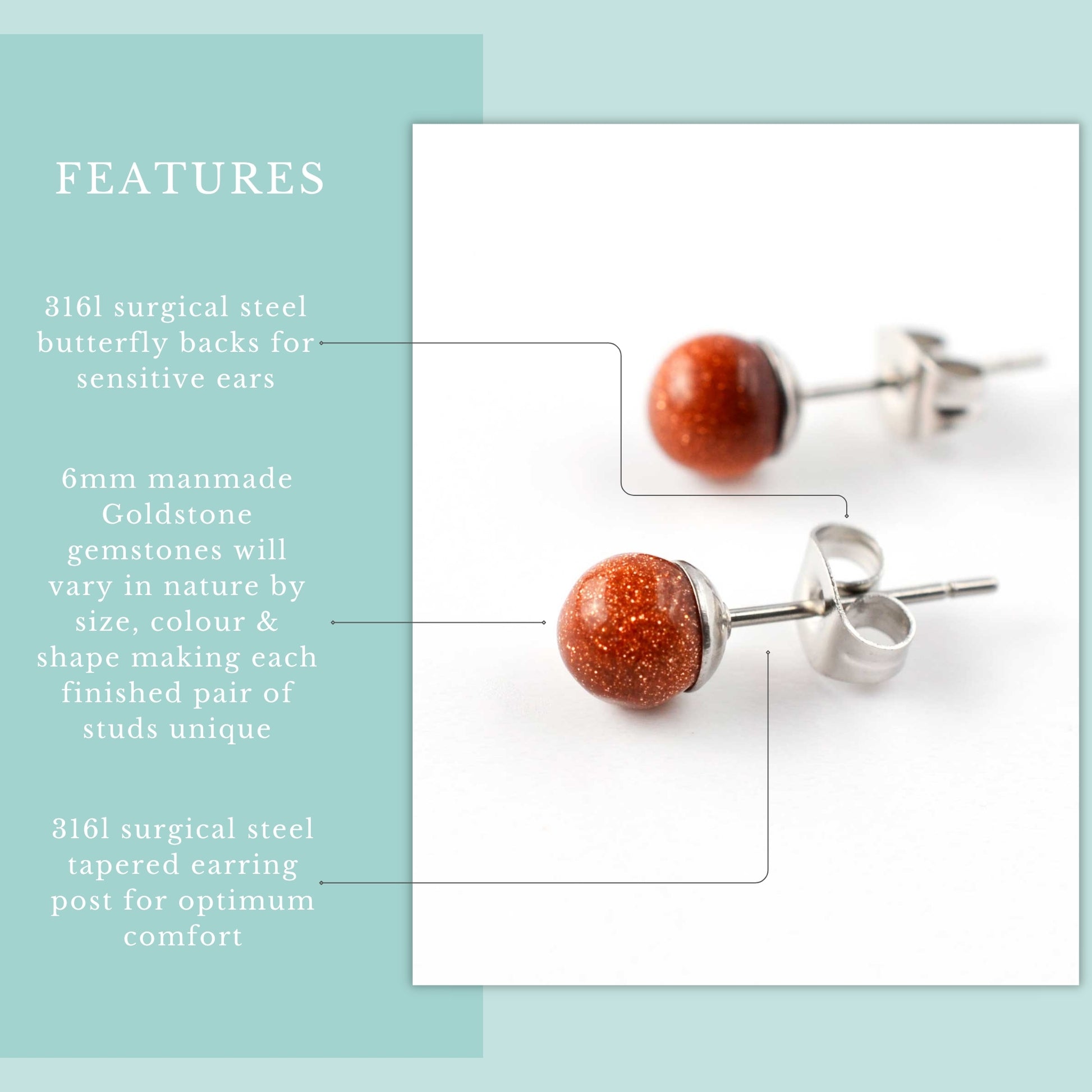 Features graphic for Goldstone stud earrings with manmade stones and hypoallergenic surgical steel to suit sensitive ears.