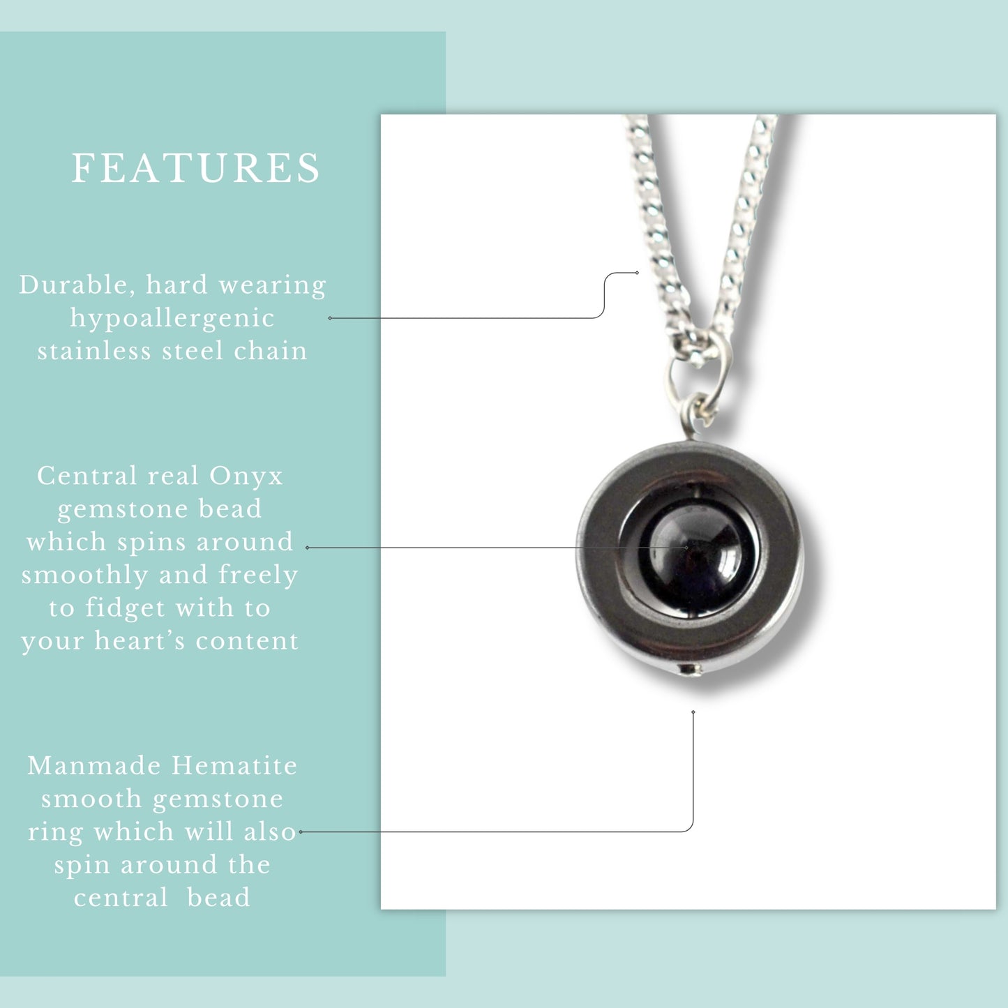 Features graphic for Onyx gemstone fidget necklace with hypoallergenic stainless steel chain.