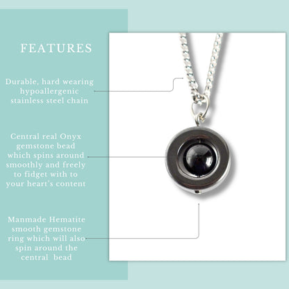 Features graphic for Onyx gemstone fidget necklace with hypoallergenic stainless steel chain.