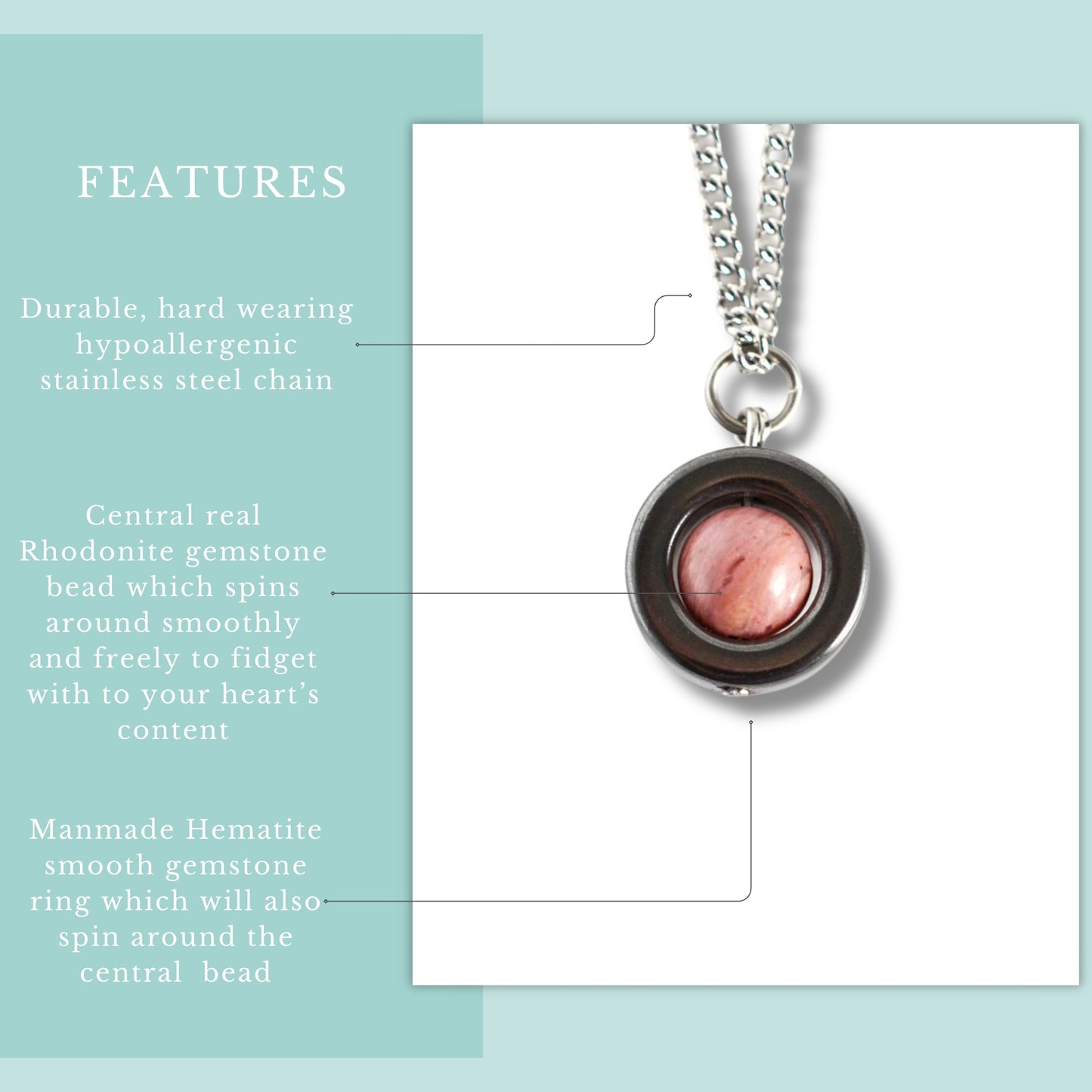 Features graphic for pink Rhodonite and grey Hematite gemstone spinner necklace on hypoallergenic stainless steel chain.