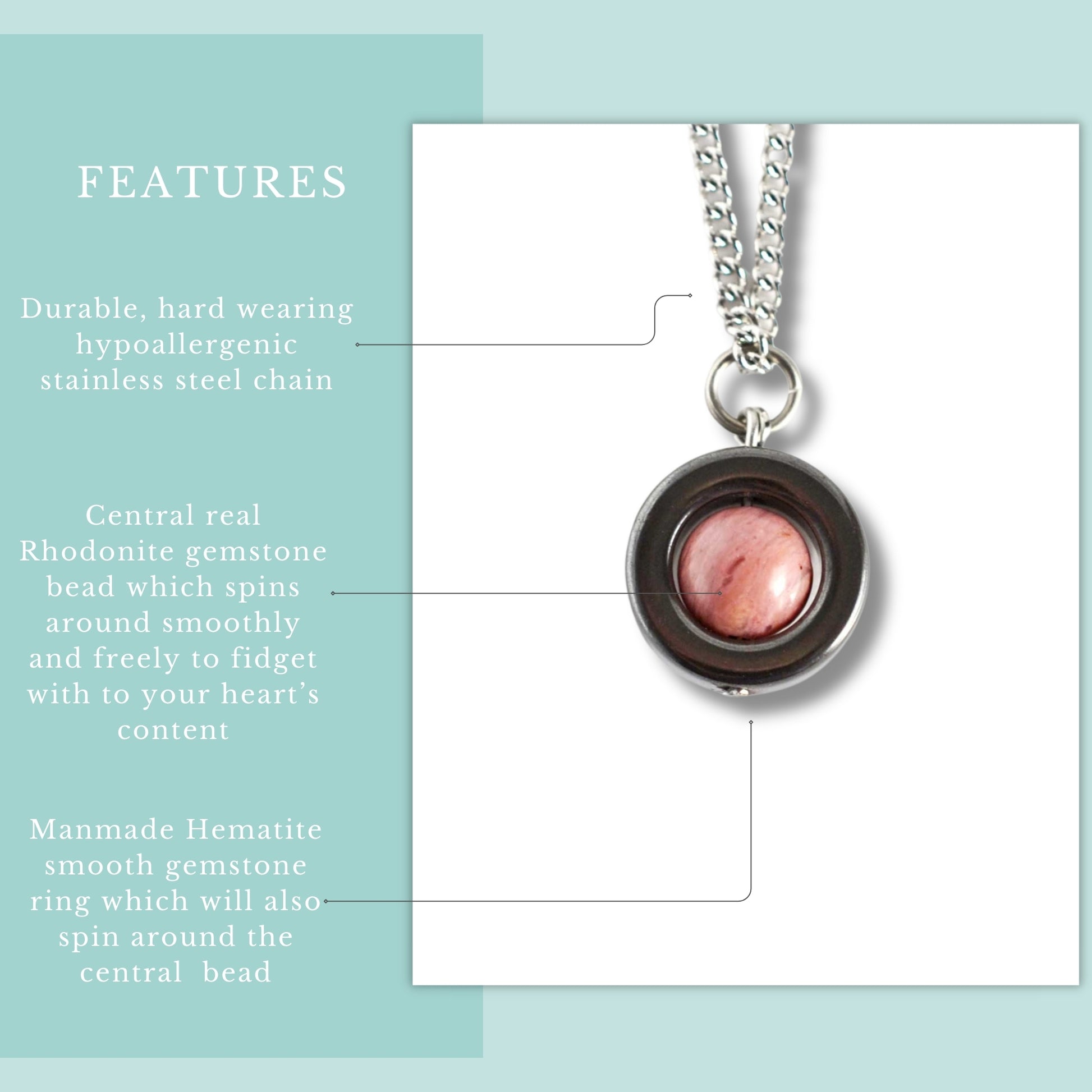 Features graphic for pink Rhodonite and grey Hematite gemstone spinner necklace on hypoallergenic stainless steel chain.
