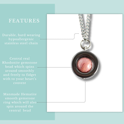 Features graphic for pink Rhodonite and grey Hematite gemstone spinner necklace on hypoallergenic stainless steel chain.
