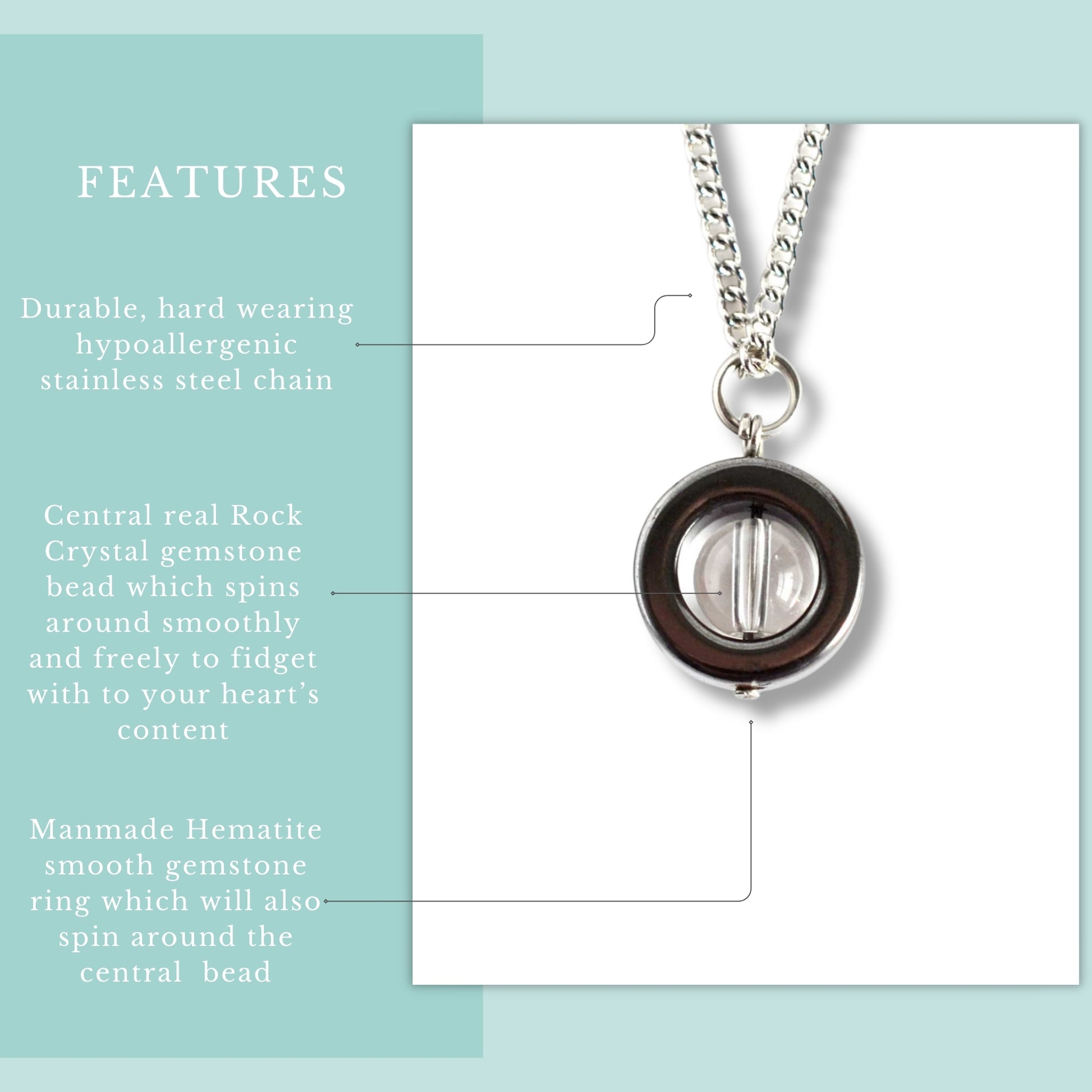 Features graphic for real Rock Crystal & Hematite fidget pendant on hypoallergenic stainless steel chain.