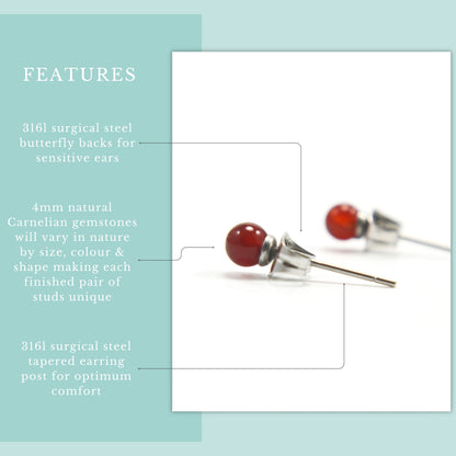 Product features graphic 4mm Carnelian studs with real Carnelian gemstones and hypoallergenic surgical steel for sensitive ears.