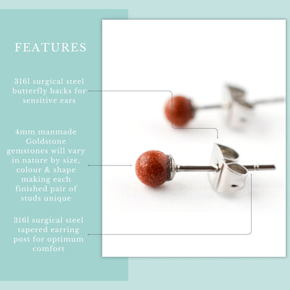 Product features graphic for 4mm Goldstone stud earrings with man-made gemstones and hypoallergenic surgical steel for sensitive ears.