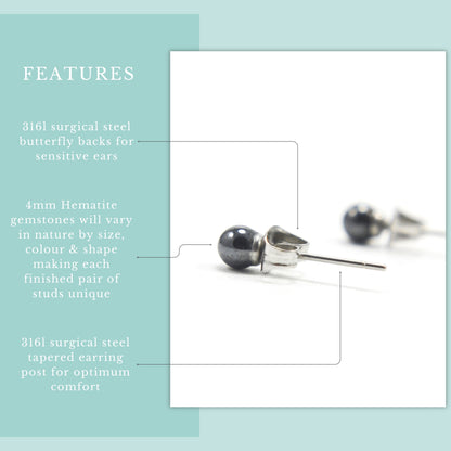 Product features graphic 4mm Hematite stud earrings with hypoallergenic surgical steel for sensitive ears.