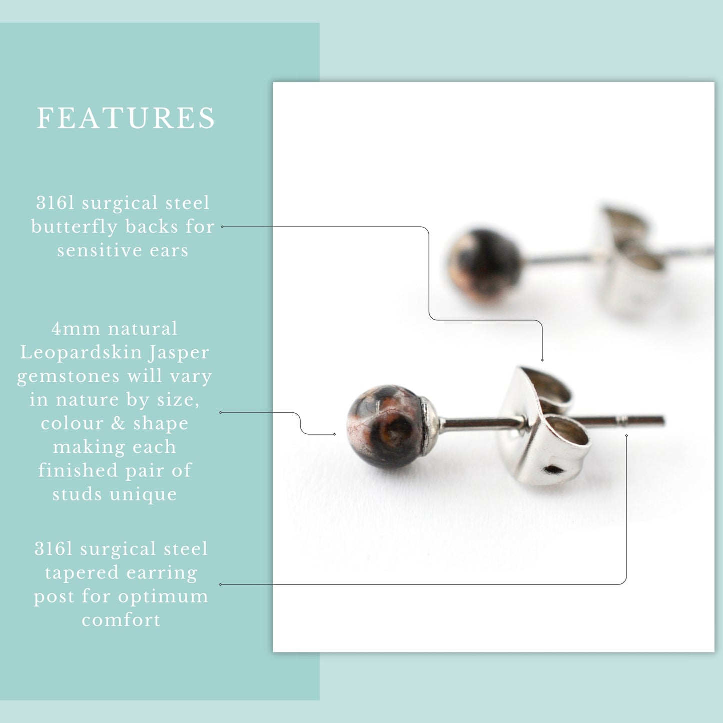 Product features graphic 4mm Leopardskin Jasper stud earrings with real semi precious gemstones and hypoallergenic surgical steel.