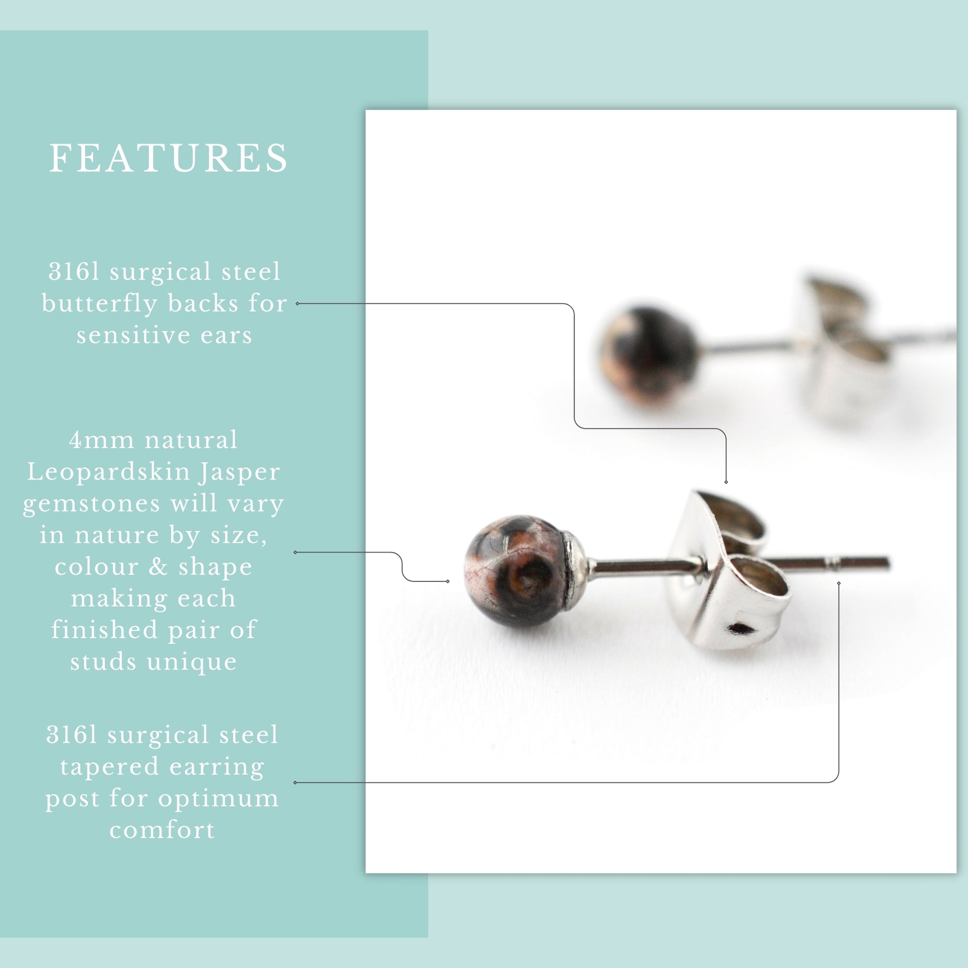 Product features graphic 4mm Leopardskin Jasper stud earrings with real semi precious gemstones and hypoallergenic surgical steel.