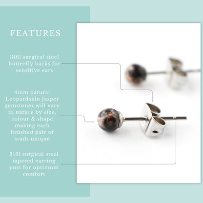 Product features graphic 4mm Leopardskin Jasper stud earrings with real semi precious gemstones and hypoallergenic surgical steel.