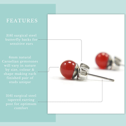 Product features graphic 6mm Carnelian stud earrings with real gemstones and hypoallergenic surgical steel for sensitive ears.