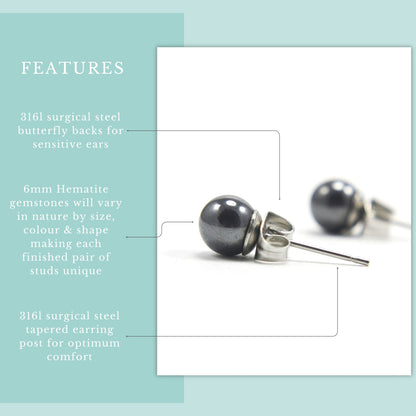 Product features graphic 6mm Hematite stud earrings with hypoallergenic surgical steel for sensitive ears.