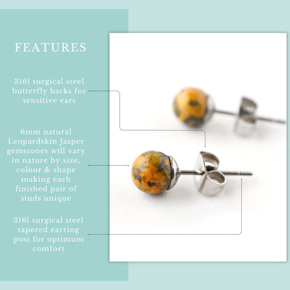 Product features graphic 6mm Leopardskin Jasper stud earrings with real semi precious gemstones and hypoallergenic surgical steel for sensitive ears.