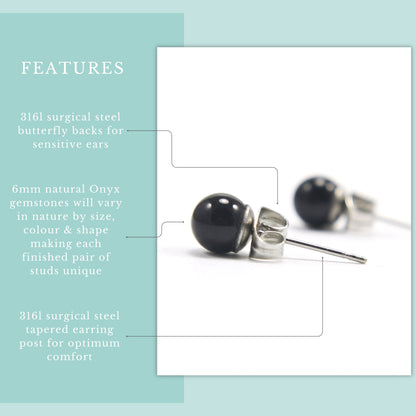Product features graphic 6mm Onyx stud earrings with semi precious gemstones and hypoallergenic surgical steel for sensitive ears.