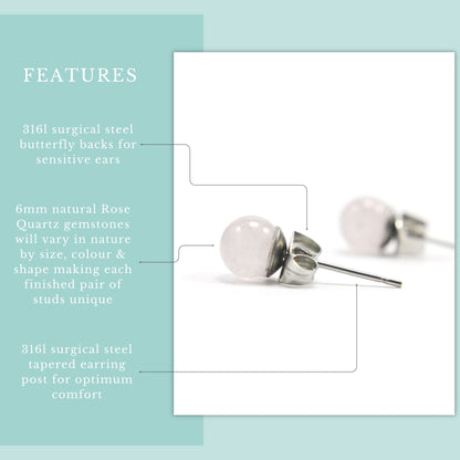 Product features graphic 6mm Rose Quartz stud earrings with semi precious gemstones and hypoallergenic surgical steel for sensitive ears.