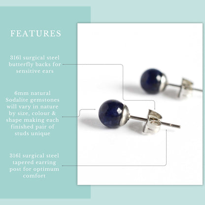 Product features graphic 6mm Sodalite stud earrings with real gemstones and hypoallergenic surgical steel for sensitive ears.