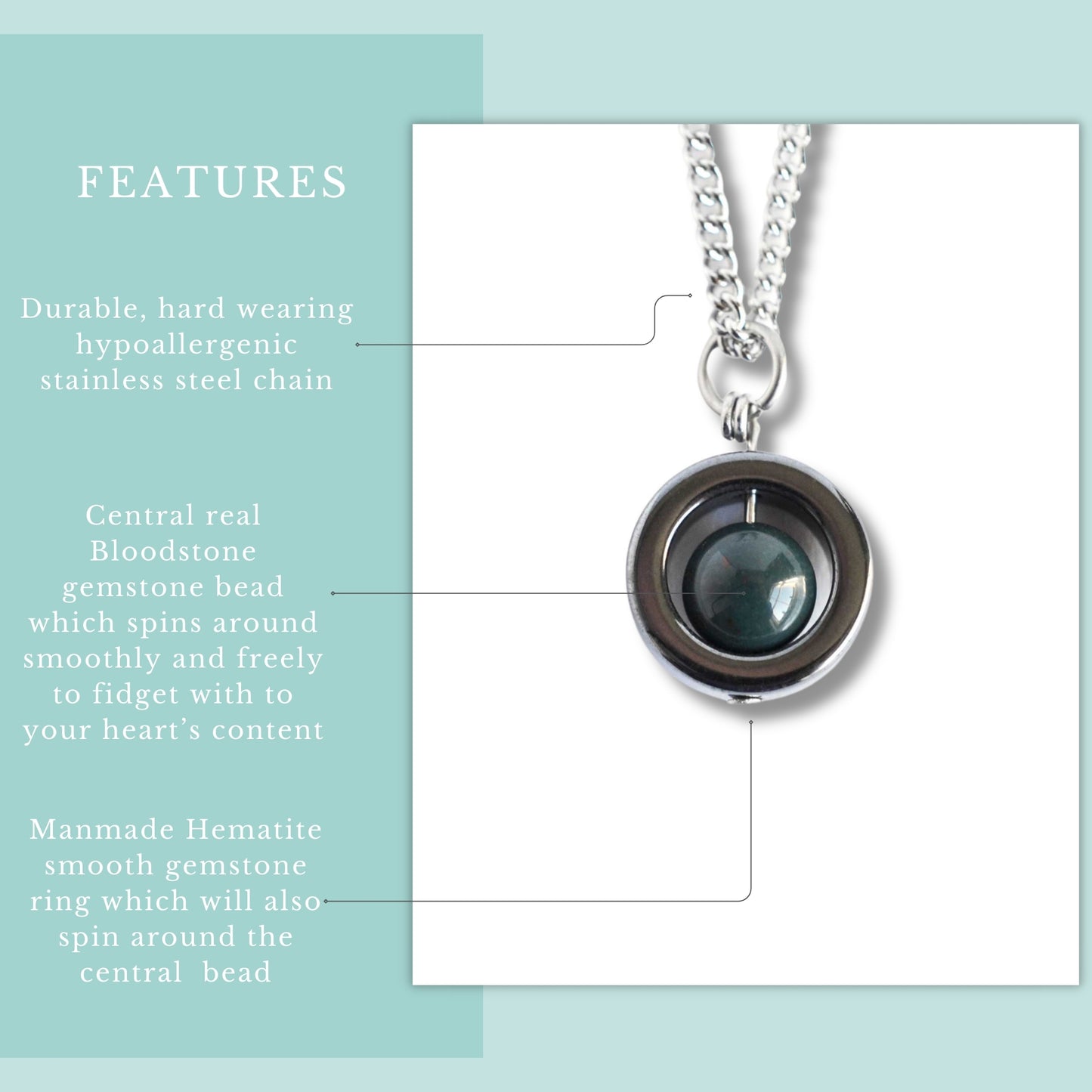 Features graphic for Bloodstone & Hematite gemstone spinner necklace with hypoallergenic stainless steel chain.