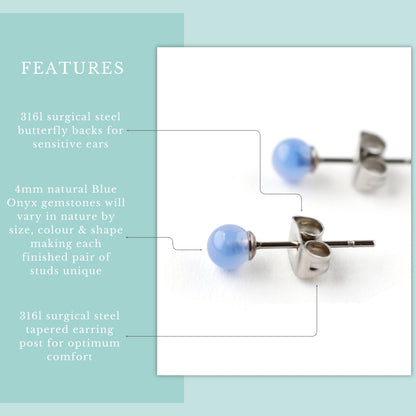 Product features graphic 4mm Blue Onyx stud earrings with hypoallergenic surgical steel for sensitive ears.