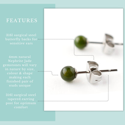 Product features graphic 4mm Jade stud earrngs with real Nephrite Jade gemstones and hypoallergenic surgical steel for sensitive ears.