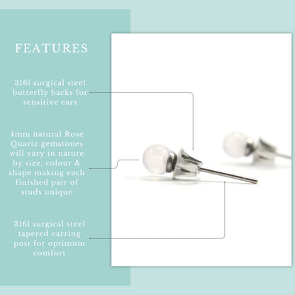 Product features graphic 4mm Rose Quartz stud earrings with real gemstones and hypoallergenic surgical steel.