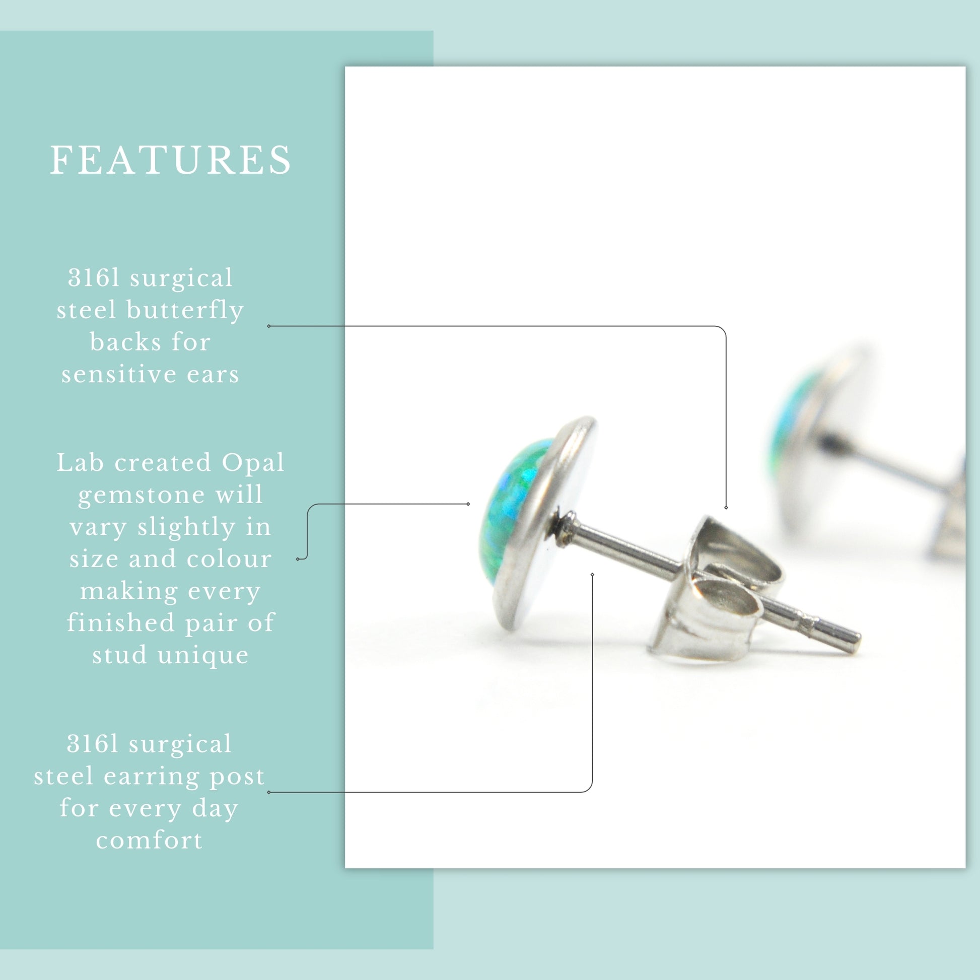 Features guide green lab Opal stud earrings.