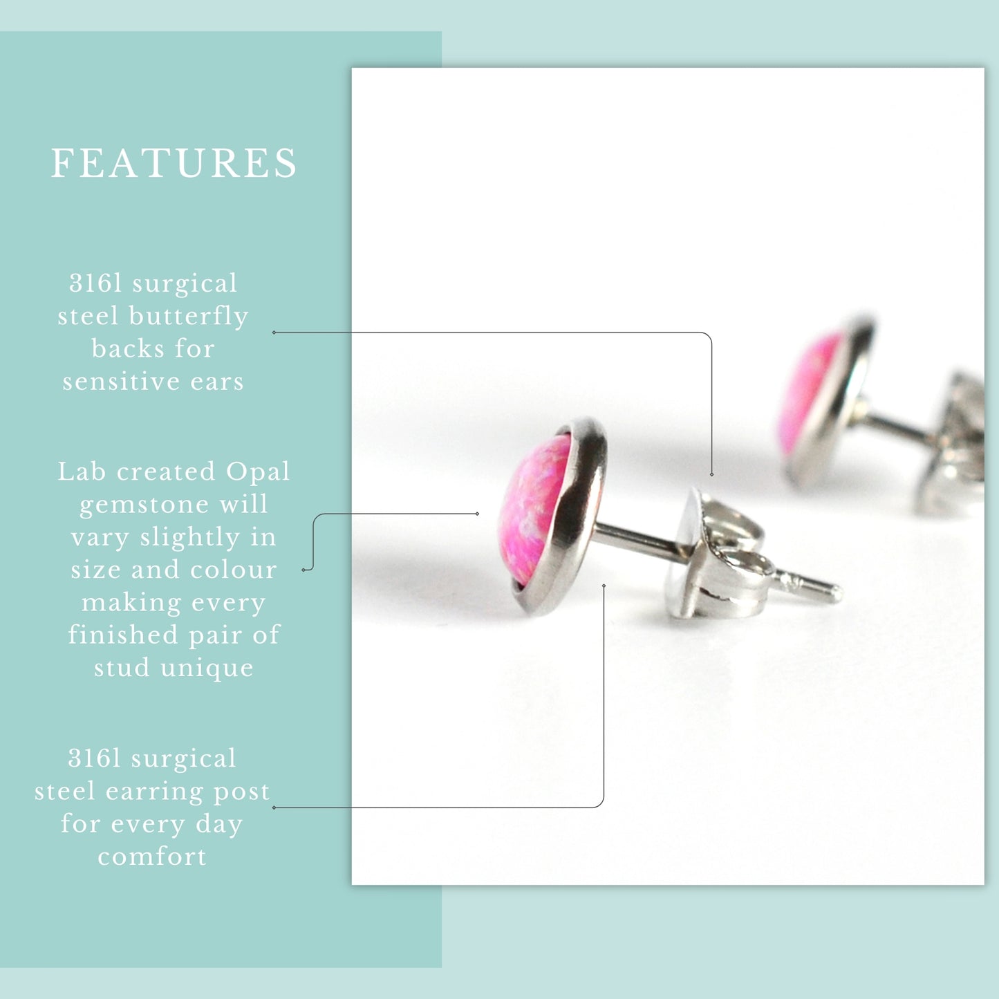 Features graphic pink lab Opal stud earrings.