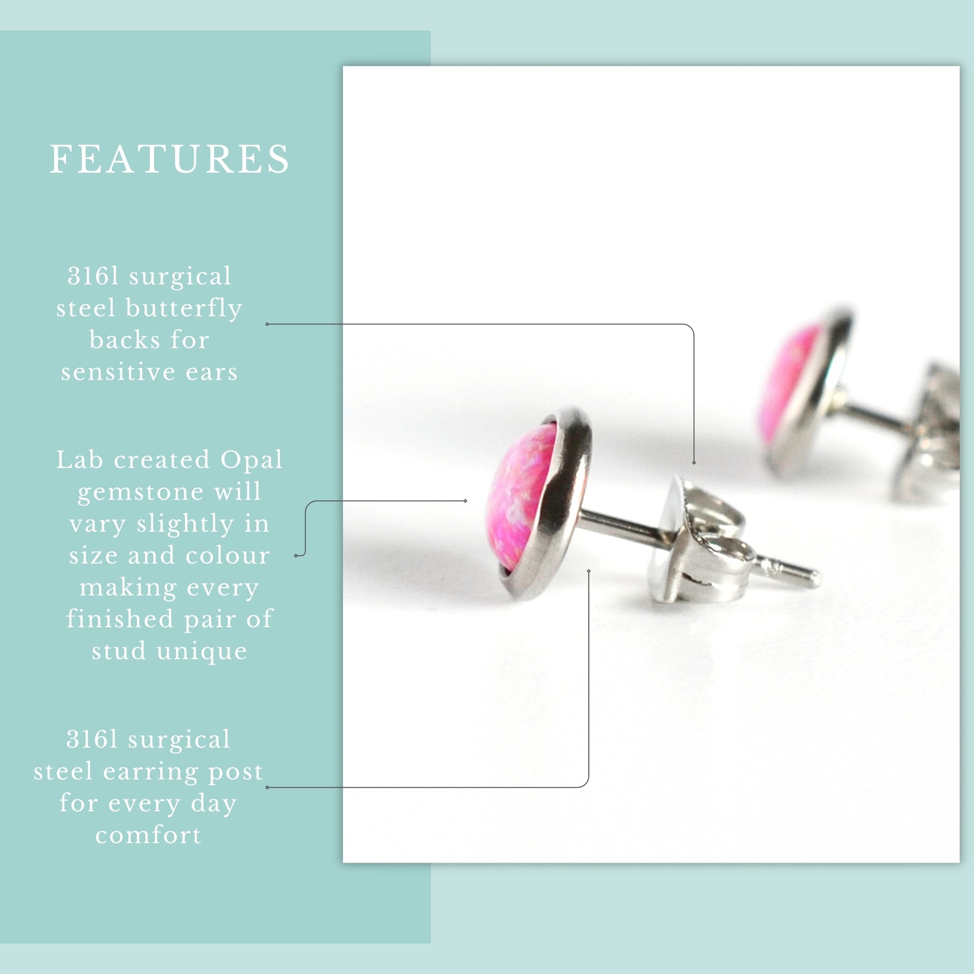 Features graphic pink lab Opal stud earrings.