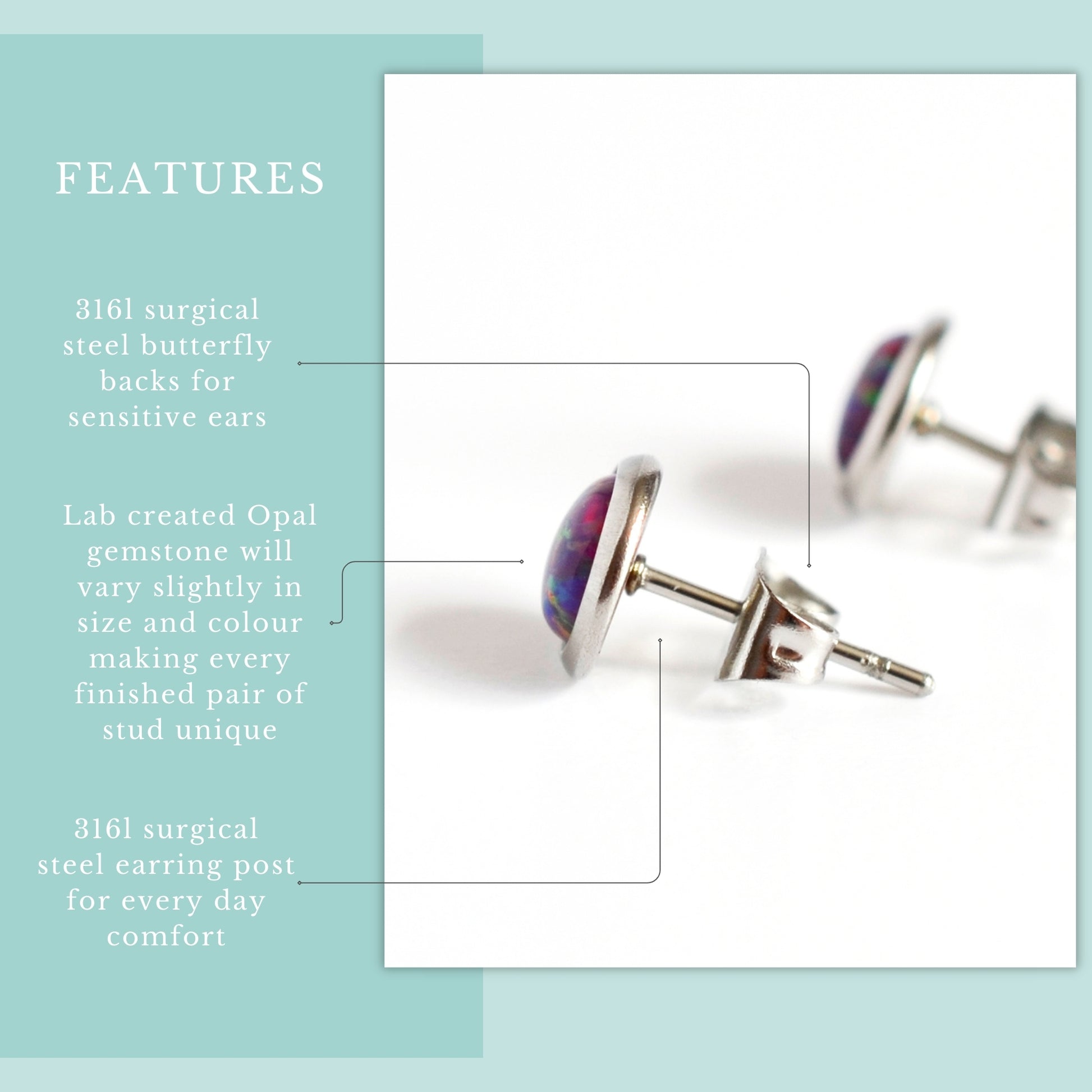 Features graphic for purple lab Opal stud earrings.