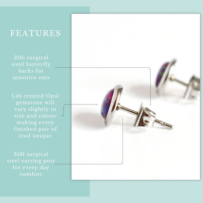 Features graphic for purple lab Opal stud earrings.