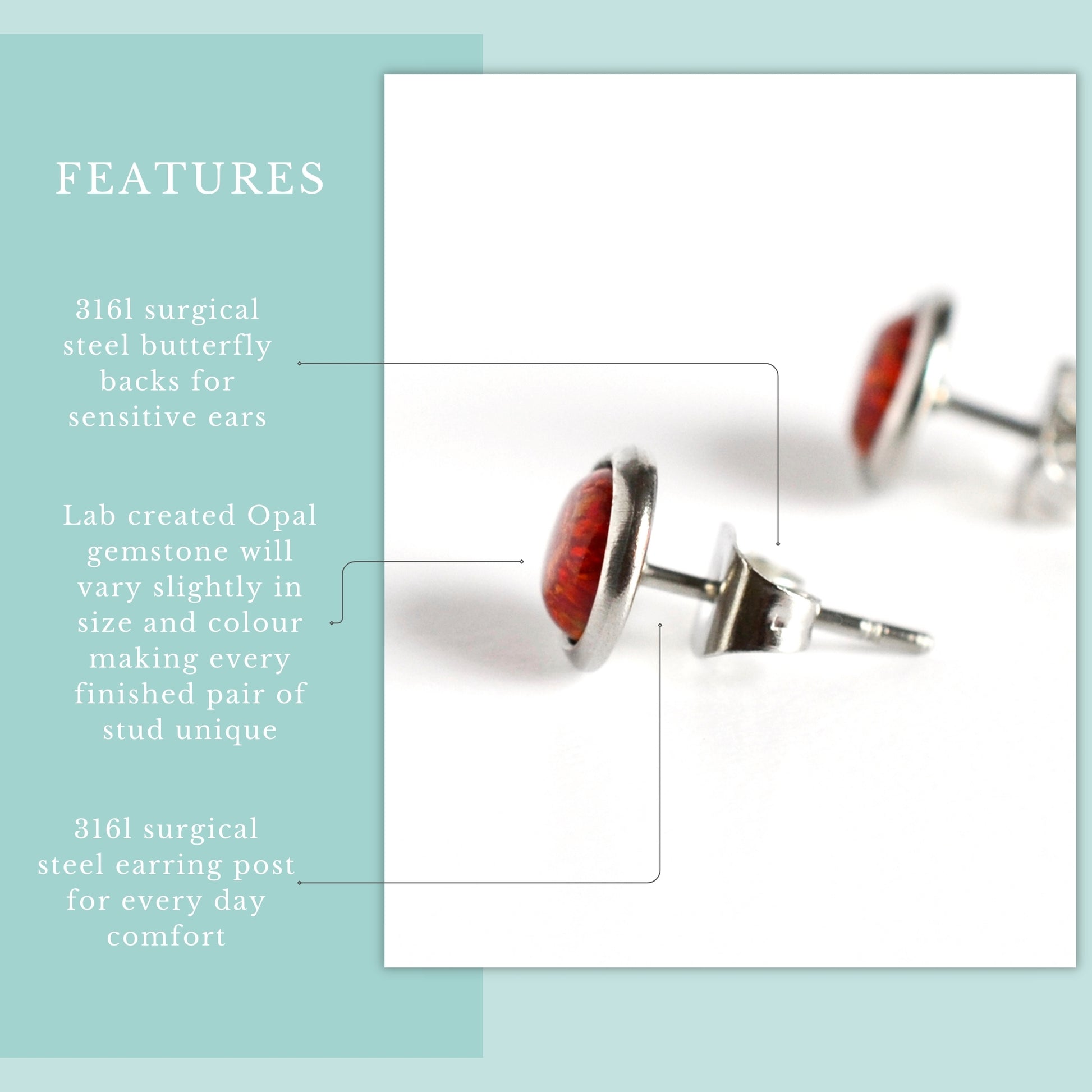 Features graphic red lab Opal stud earrings.
