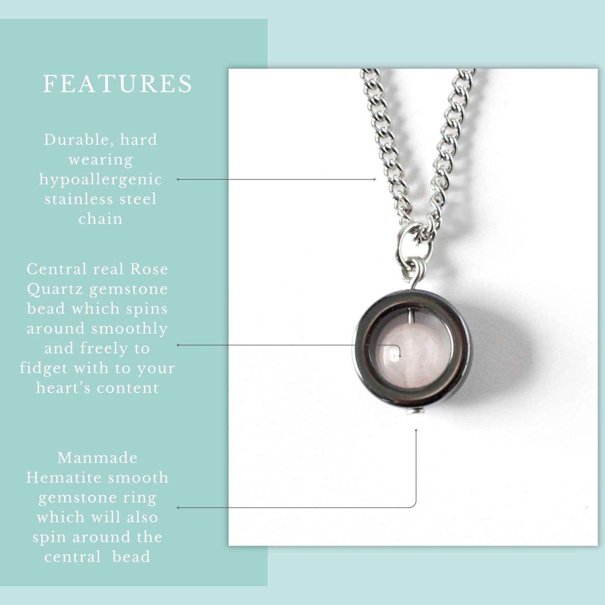 Rose Quartz Fidget Spinner Necklace & Stud Earrings Gift Set