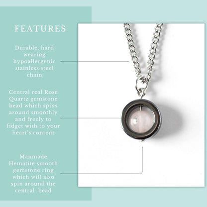 Rose Quartz Fidget Spinner Necklace & Stud Earrings Gift Set