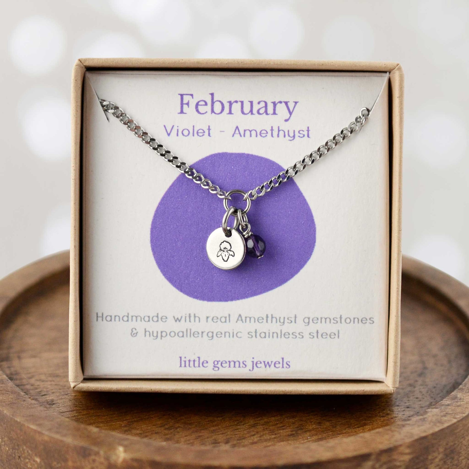 February Violet Birthflower & Amethyst gemstone dainty charm necklace in eco-friendly gift box