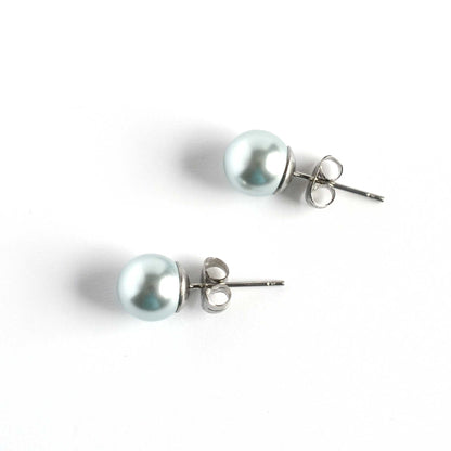 8mm Blue Faux Pearl Studs On White Background