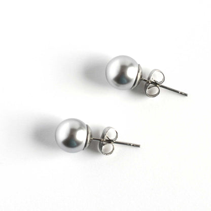 8mm Grey Faux Pearl Studs On White Background