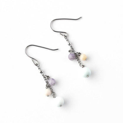 Flatlay Larimar, Pink Opal & Lepidolite gemstone bead drop earrings on white background