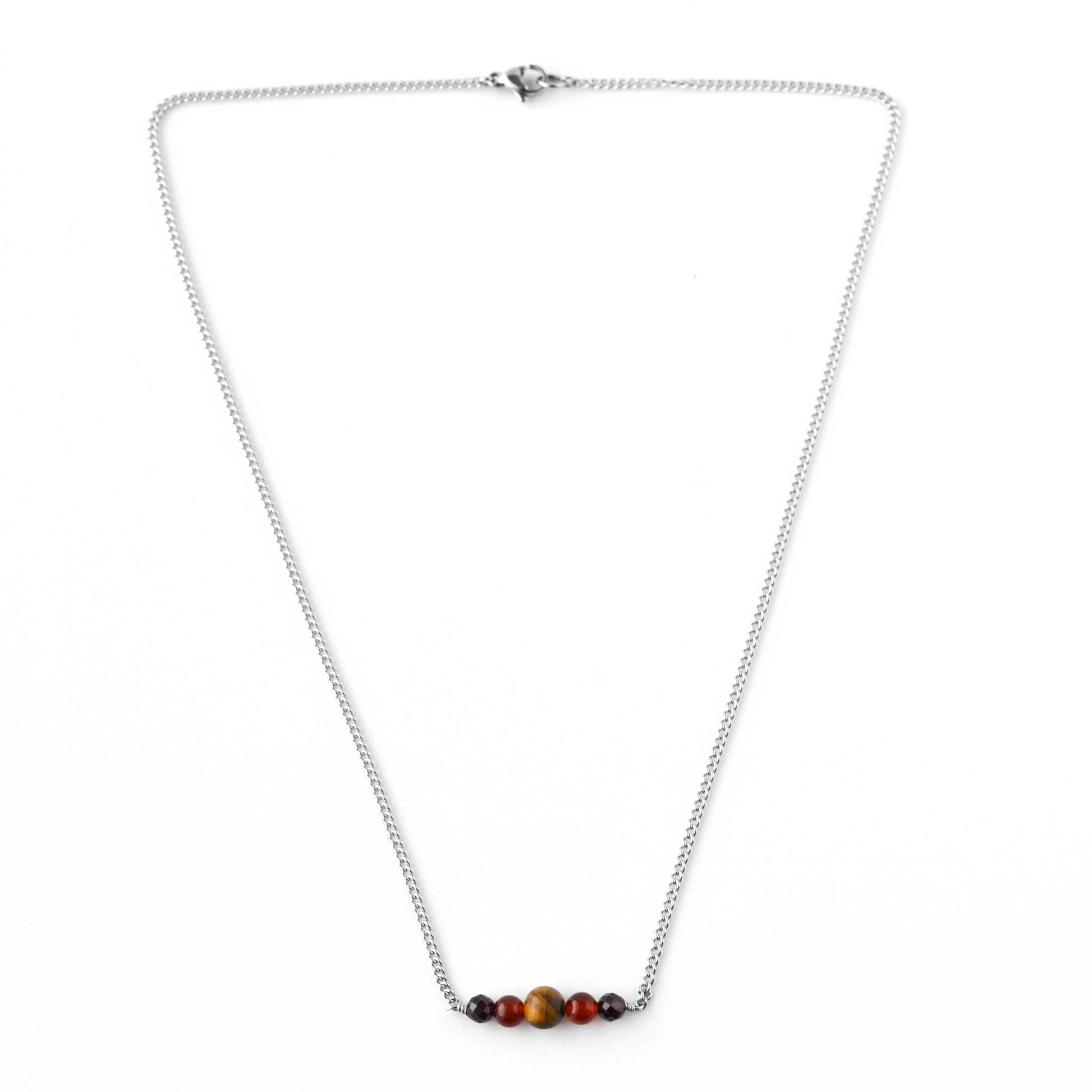 Flatlay of 18" dainty gemstone bead necklace on stainless steel chain with lobster clasp