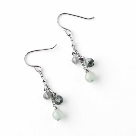 Flatlay Green Aventurine, Moss Agate & Labradorite gemstone drop earrings on white background