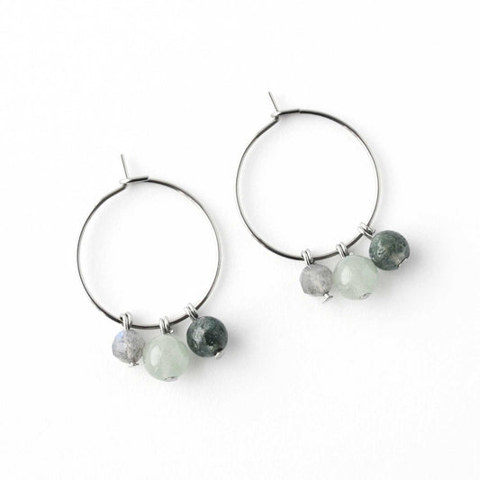 Green Aventurine, Moss Agate & Labradorite gemstone hoop earrings on white background
