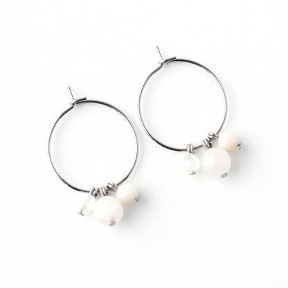 Flatlay Rose Quartz, Pink Opal & Rainbow Moonstone gemstone hoop earrings on white background