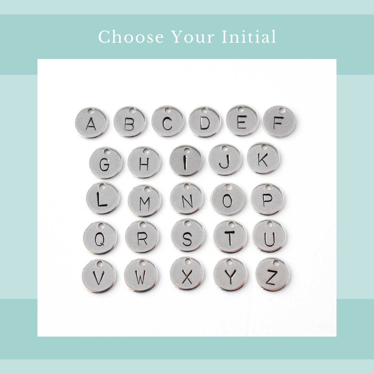 Choose your initial graphic with image of all twenty six letters of the alphabet in simple font hand stamped onto tiny disc pendants