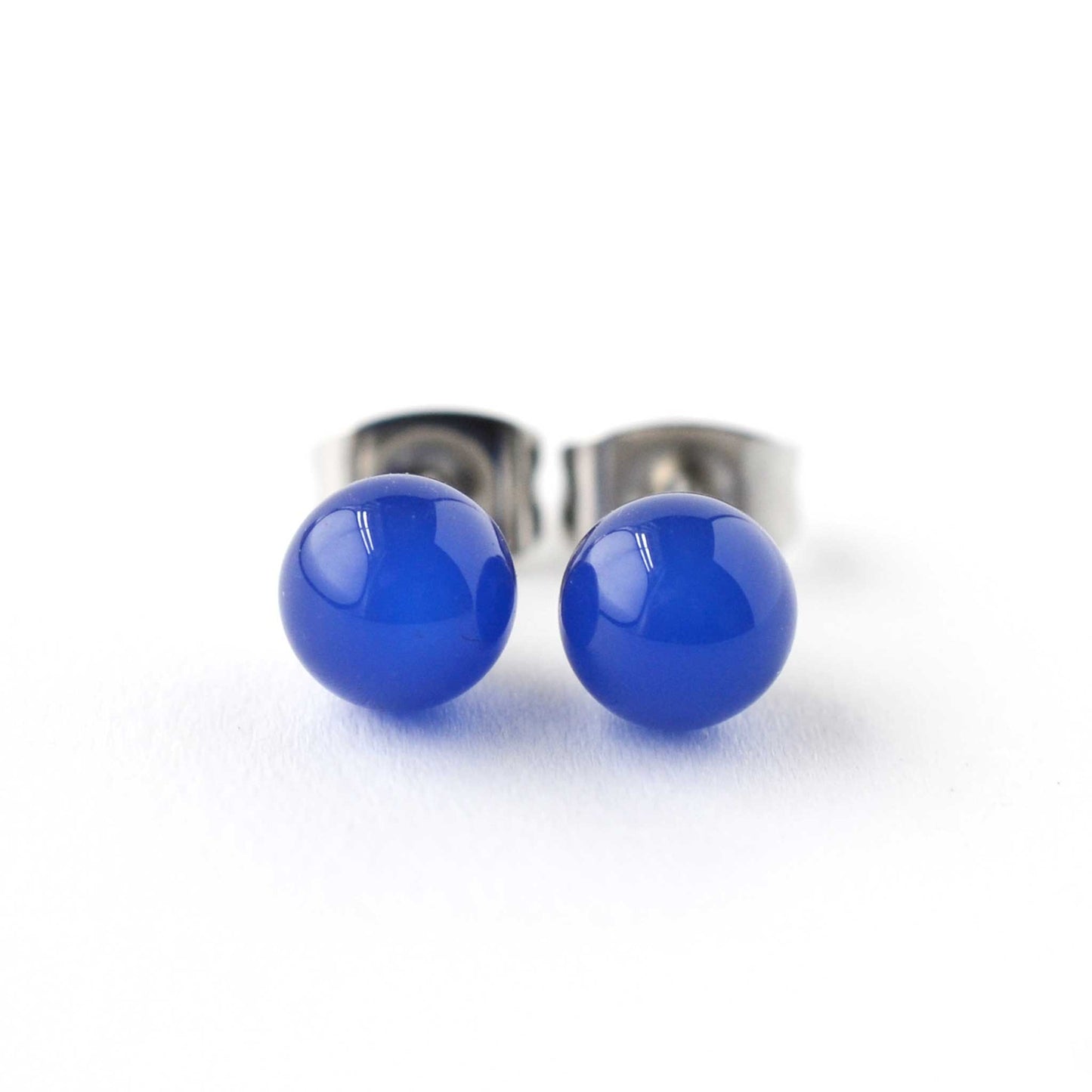 Front view of Blue Onyx round ball stud earrings