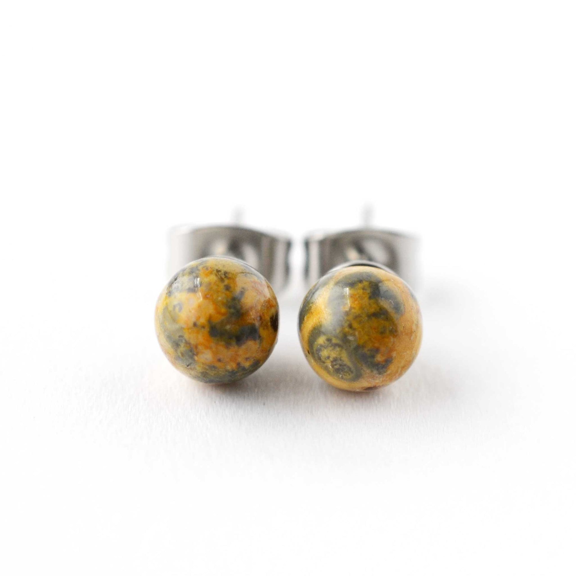 Front view of Leopardskin Jasper ball stud earrings