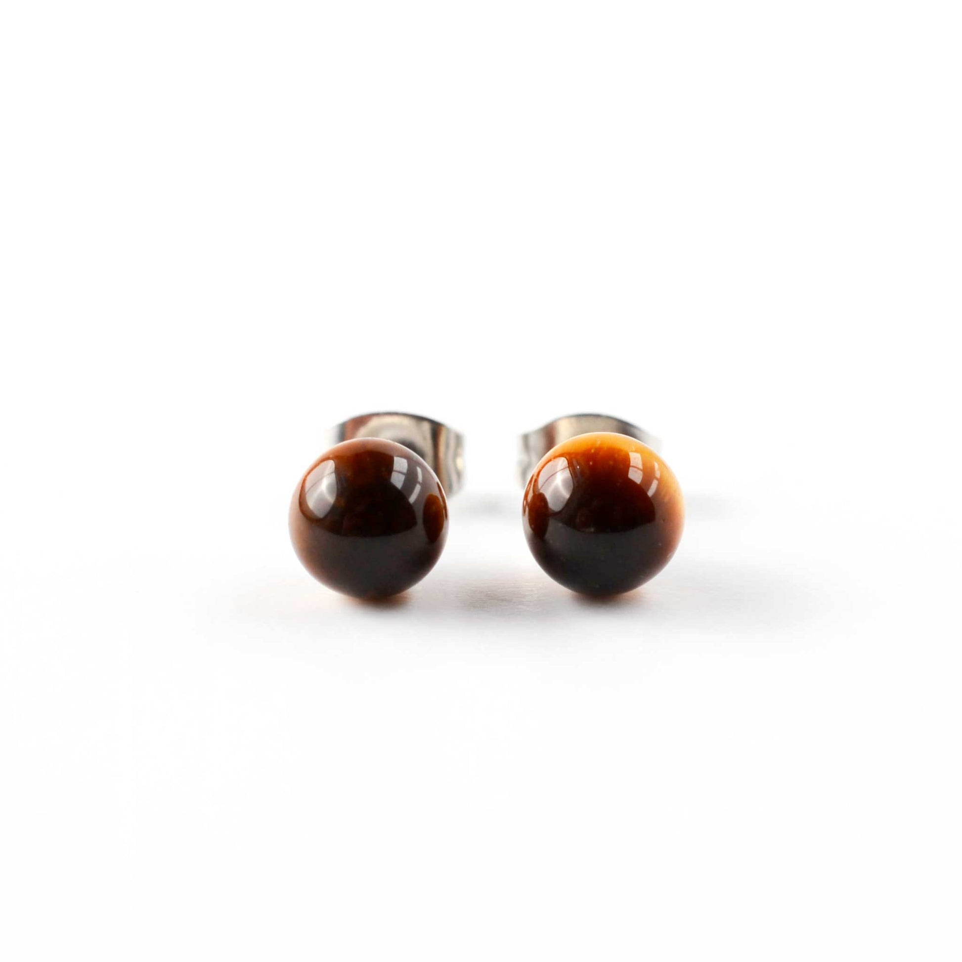 Front view of Tiger's Eye round ball stud earrings.