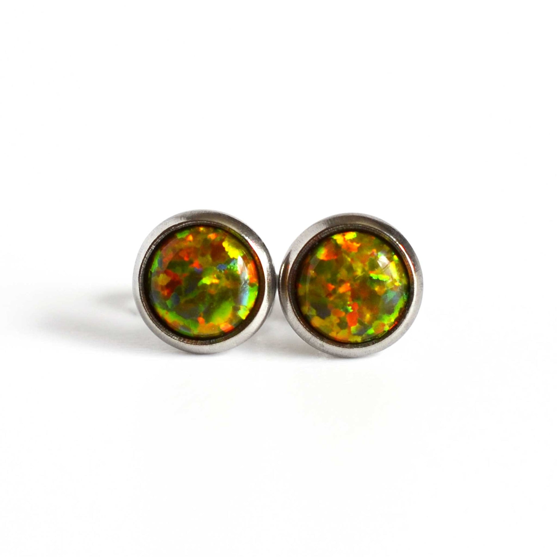 Front view of dark green Opal stud earrings