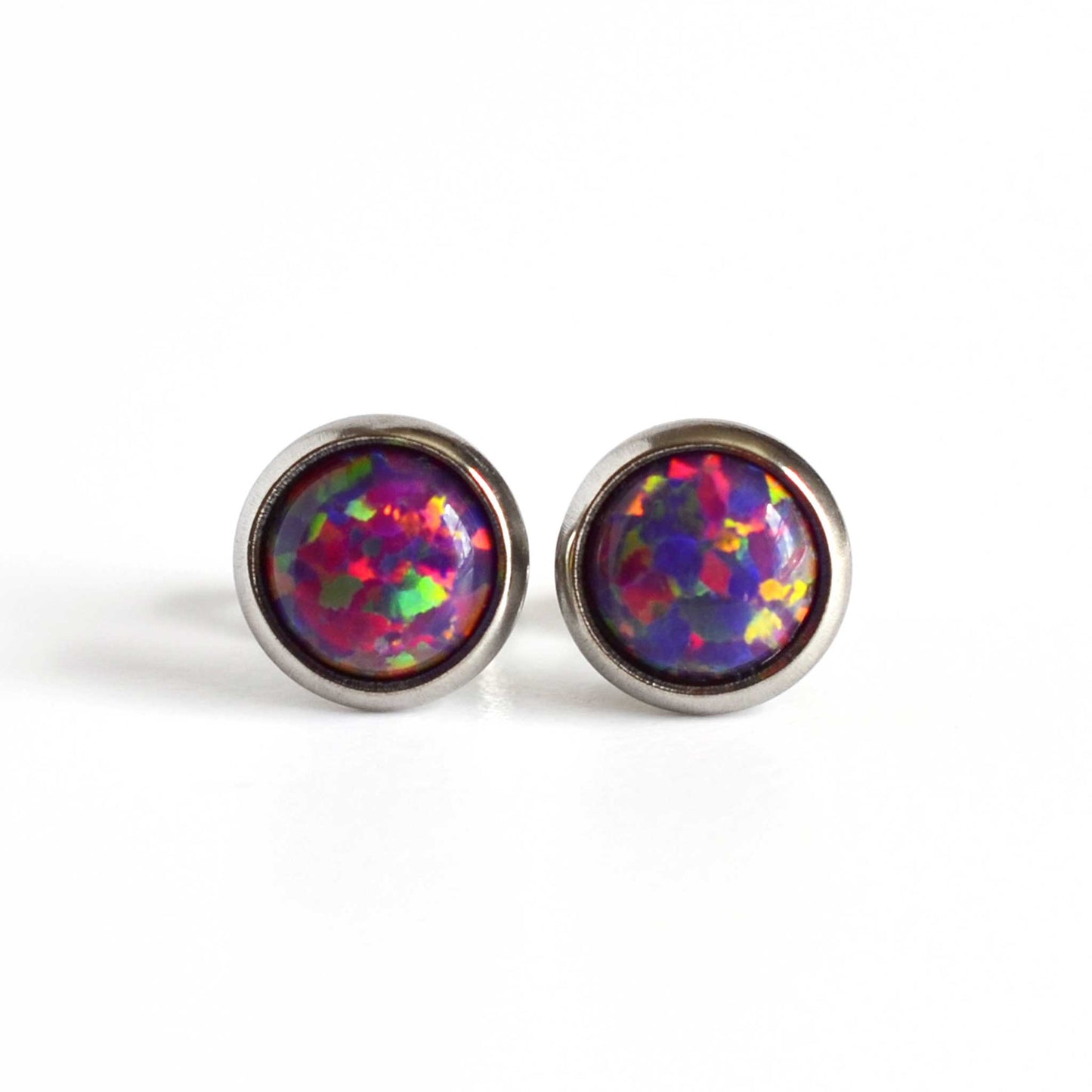 Front view of purple Opal stud earrings