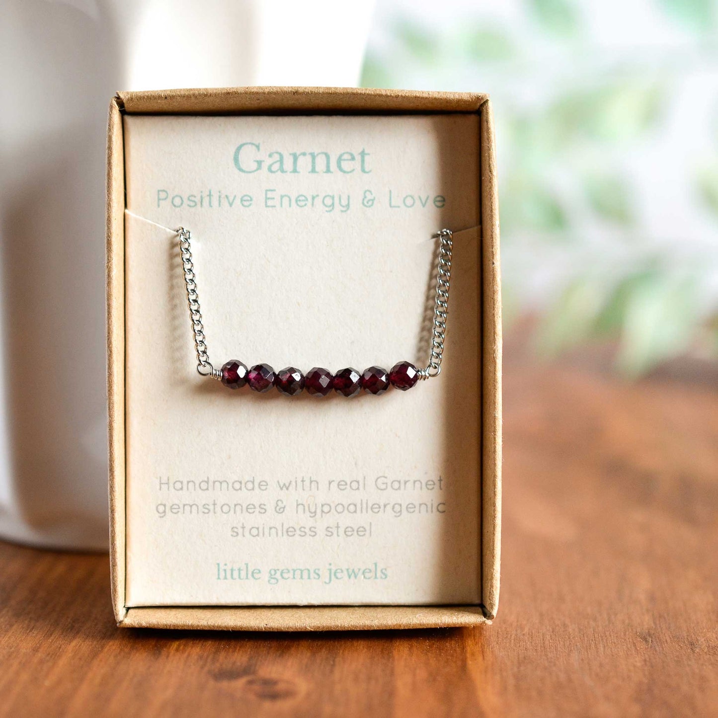 Dainty Garnet gemstone necklace in gift box