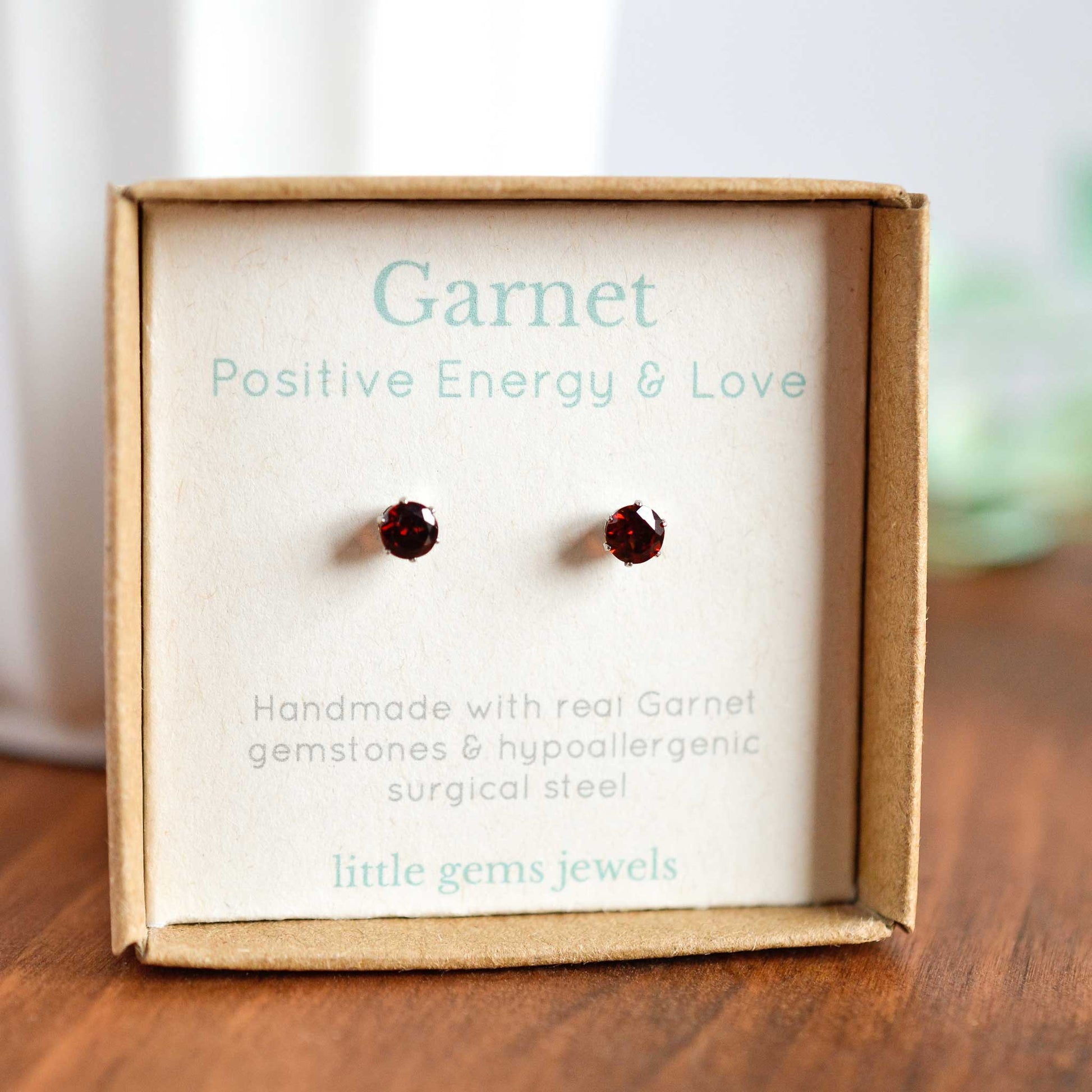 Tiny Garnet gemstone stud earrings in gift box