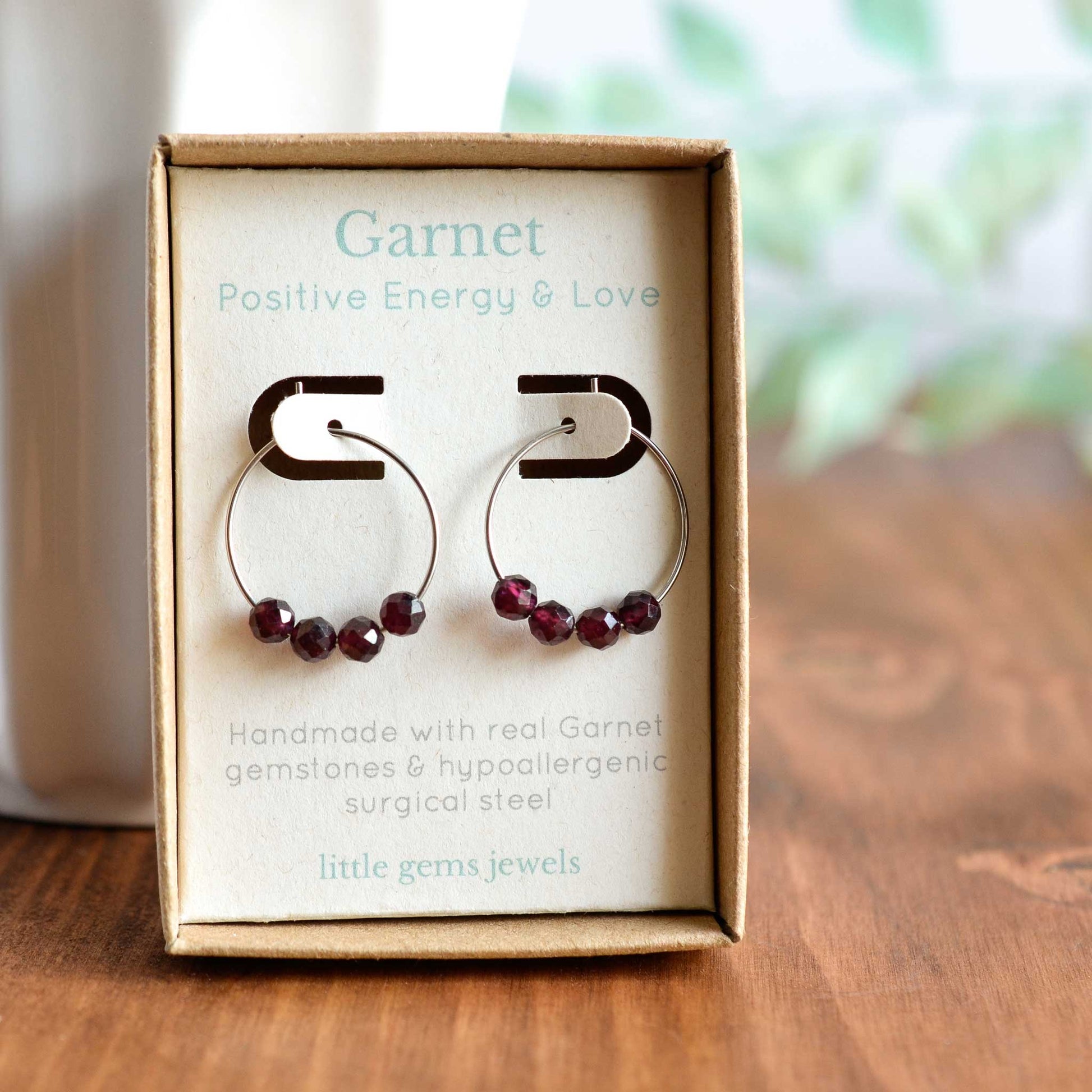 Garnet gemstone hoop earrings in gift box
