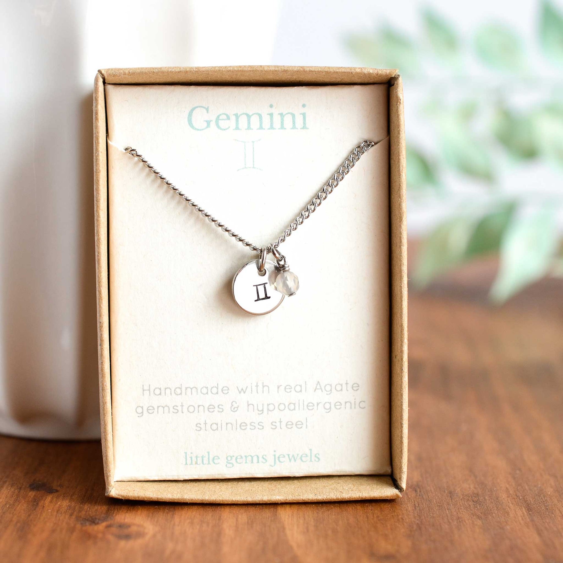 Gemini zodiac sign and stone necklace in eco-friendly gift box