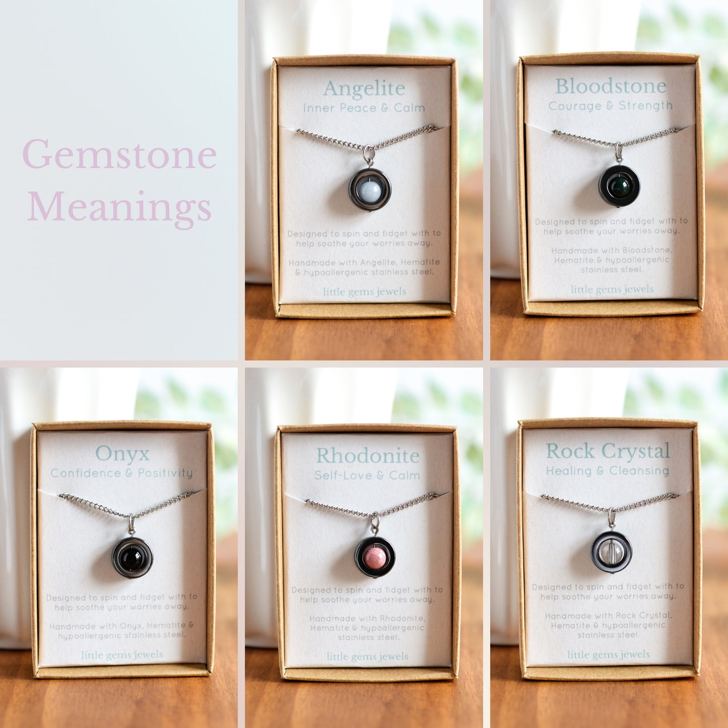 Gemstone meanings graphic showing gemstone spinner necklaces with their meaning cards in gift boxes.